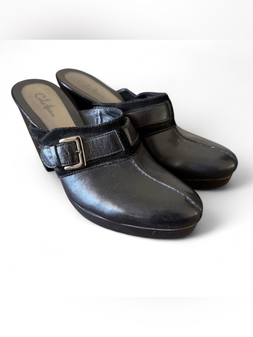 Cole Haan Black Leather Suede Mules Clogs Buckle Detail Made In Brazil Size 8